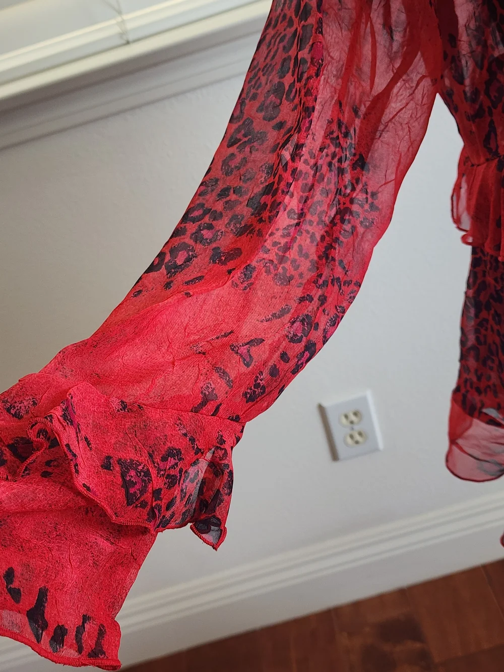 George Simonton Red Sheer Ruffle Tie-Front Blouse - Picture 2 of 4